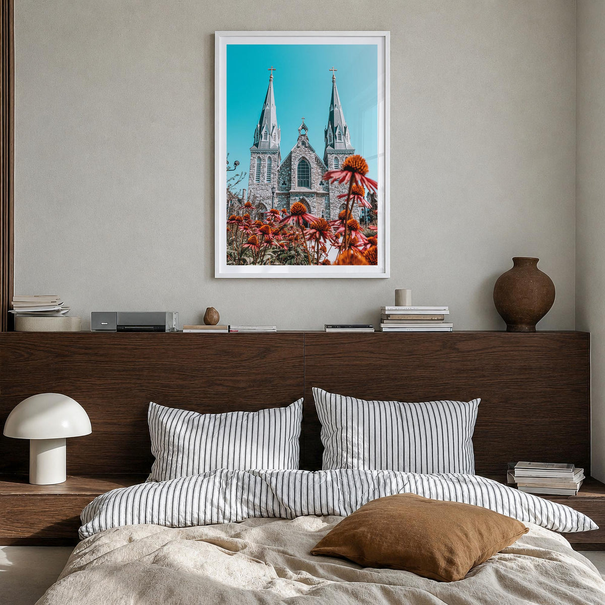 Villanova colorful photo poster of Pennsylvania, USA – vertical wall art in white wood frame with white border, hanging on wa