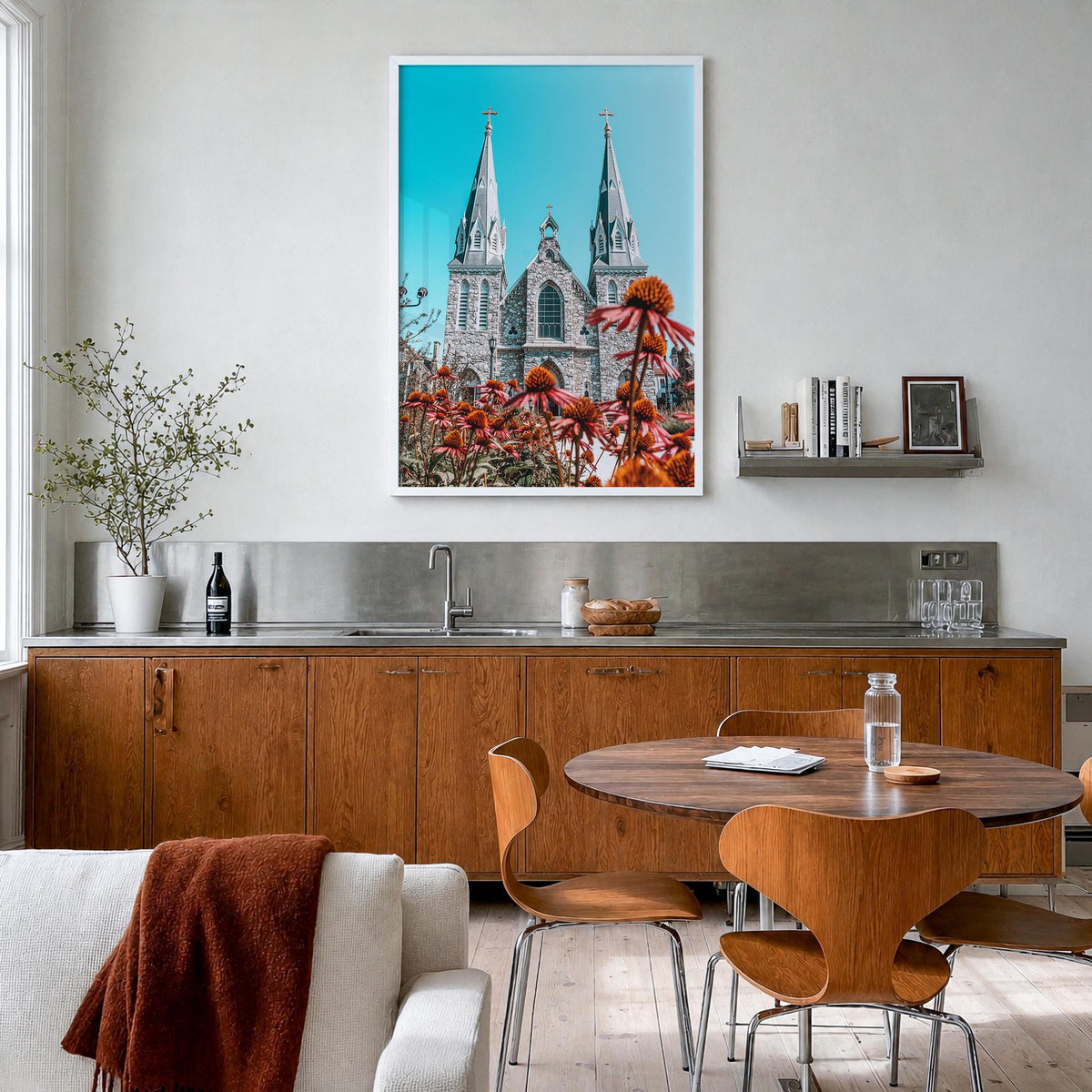 Villanova colorful photo poster of Pennsylvania, USA – vertical wall art in white wood frame, hanging on wall