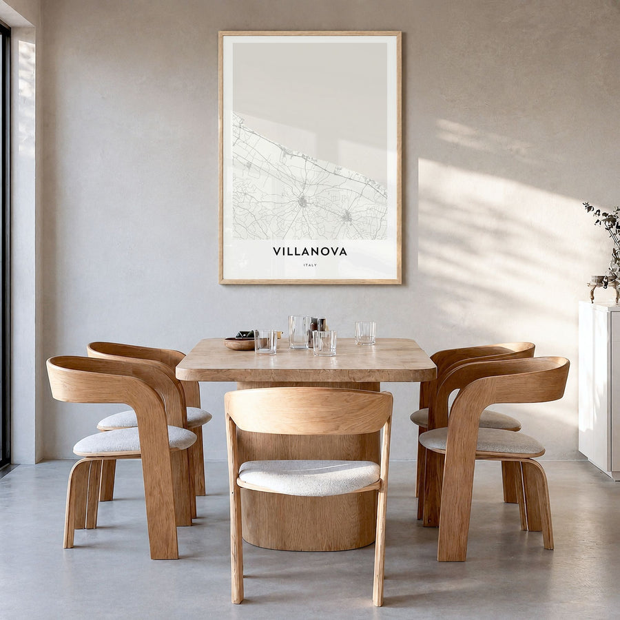Villanova Map Poster in a natural wood frame, hanging in a dining room