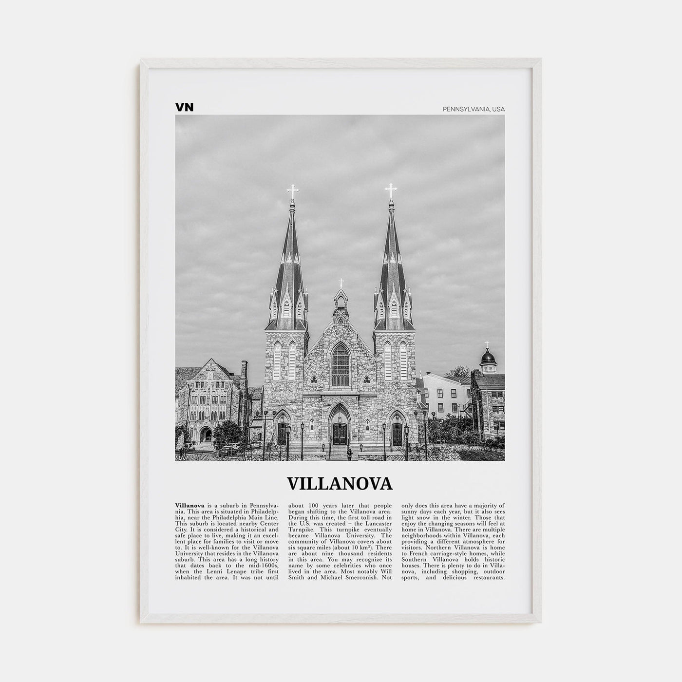 Villanova Poster White Wood / 8x12 in Nbourhood Travel B&W Poster