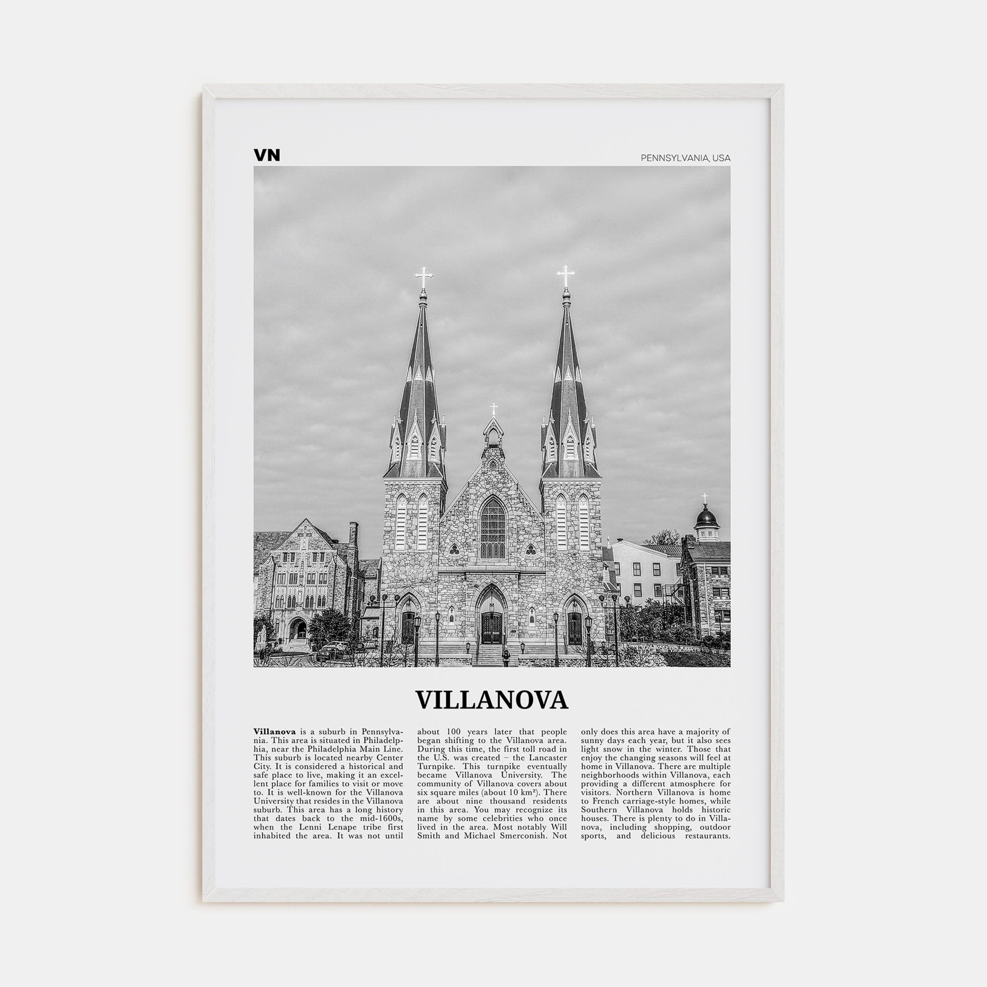 Villanova Poster White Wood / 8x12 in Nbourhood Travel B&W Poster