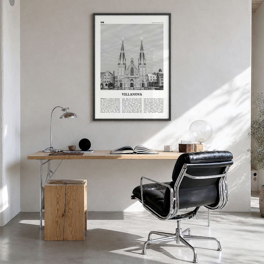 Villanova Newspaper Poster in a black wood frame, hanging in a bright home office
