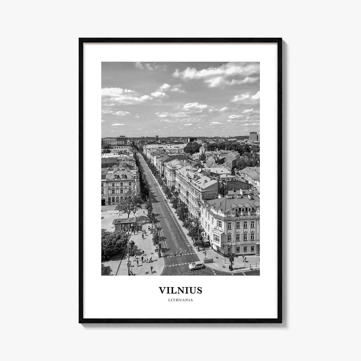 Vilnius black & white classic poster of Lithuania – vertical wall art, unframed print shown in interior mockup