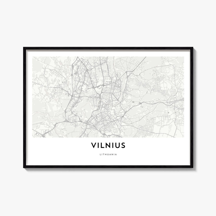 Vilnius black & white map poster of Lithuania – horizontal wall art, unframed print shown in interior mockup