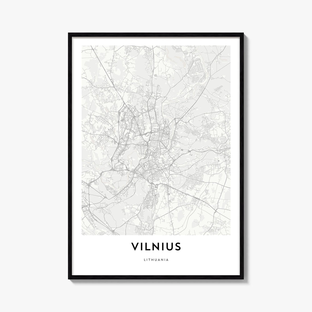 Vilnius black & white map poster of Lithuania – vertical wall art, unframed print shown in interior mockup