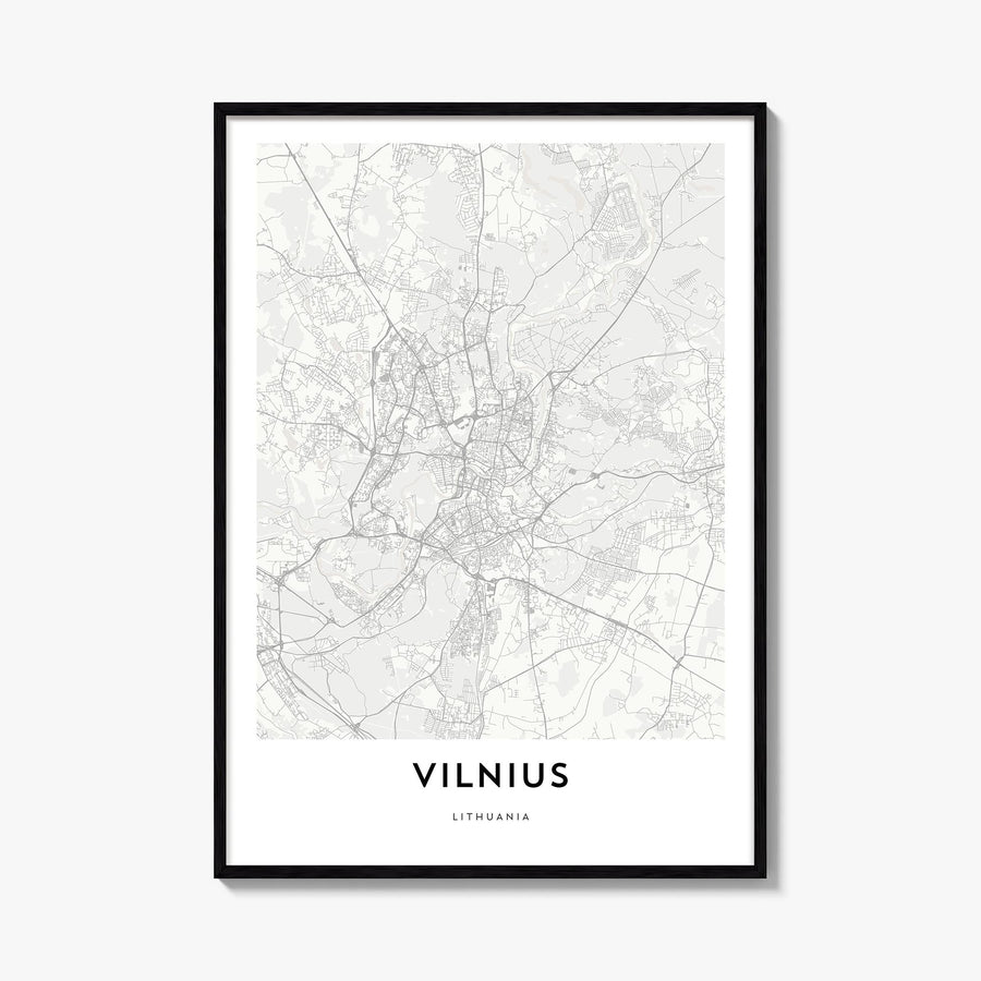 Vilnius black & white map poster of Lithuania – vertical wall art, unframed print shown in interior mockup