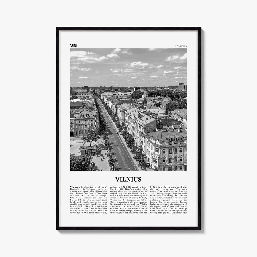 Vilnius black & white newspaper poster of Lithuania – vertical wall art, unframed print shown in interior mockup