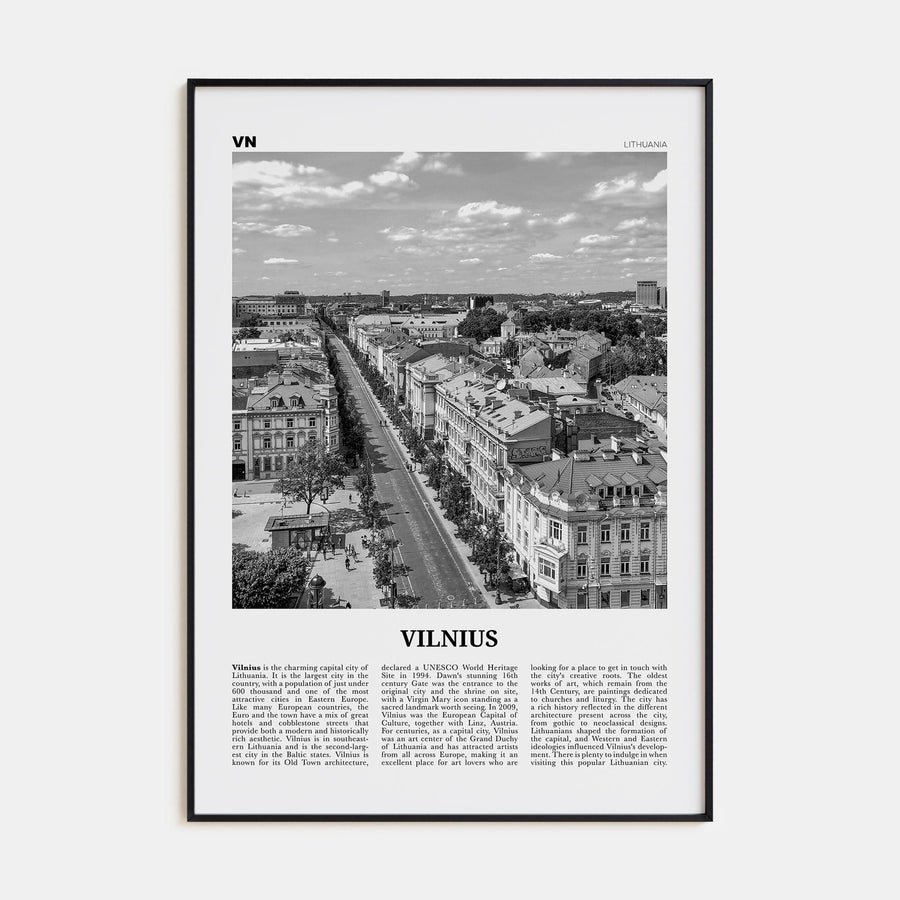 Vilnius Poster Black Metal / 8x12 in Nbourhood Travel B&W Poster