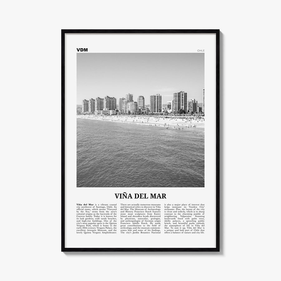 Viña del Mar black & white newspaper poster of Chile – vertical wall art, unframed print shown in interior mockup