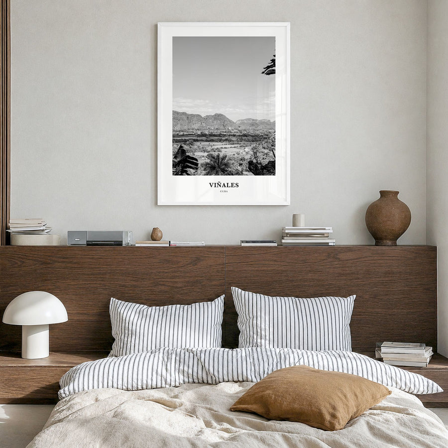 Viñales Classic Poster in a white wood frame, hanging in a bedroom