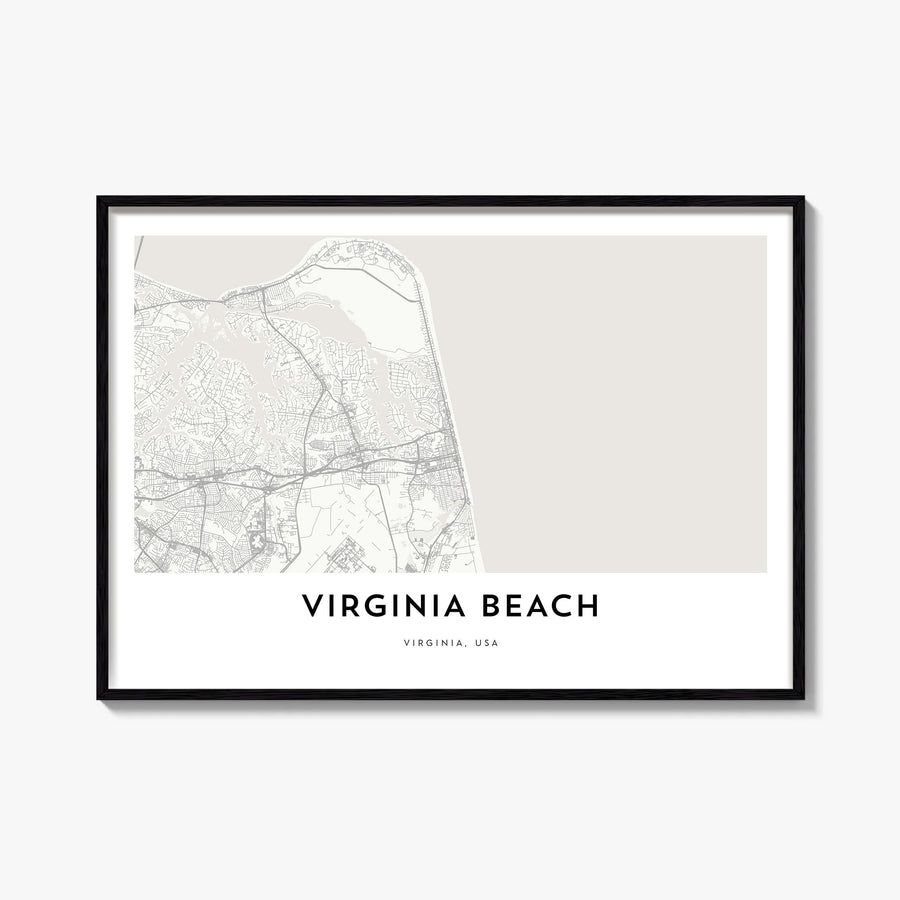 Virginia Beach black & white map poster of Virginia, USA – horizontal wall art, unframed print shown in interior mockup