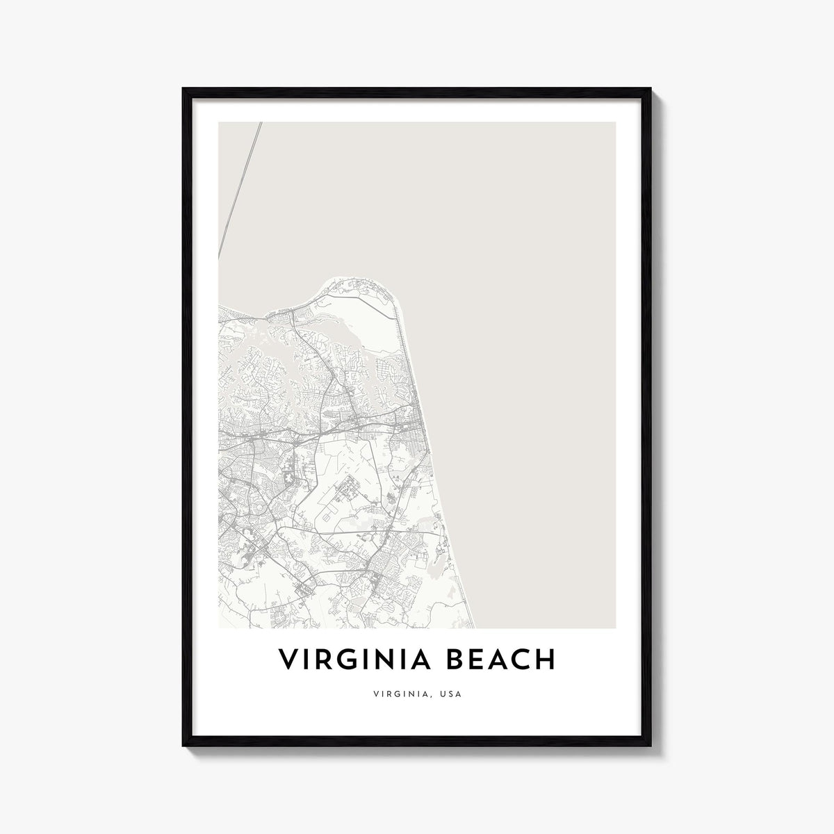 Virginia Beach black & white map poster of Virginia, USA – vertical wall art, unframed print shown in interior mockup