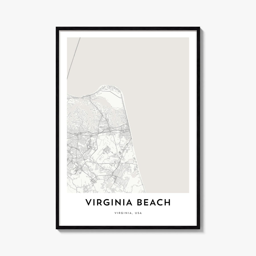 Virginia Beach black & white map poster of Virginia, USA – vertical wall art, unframed print shown in interior mockup