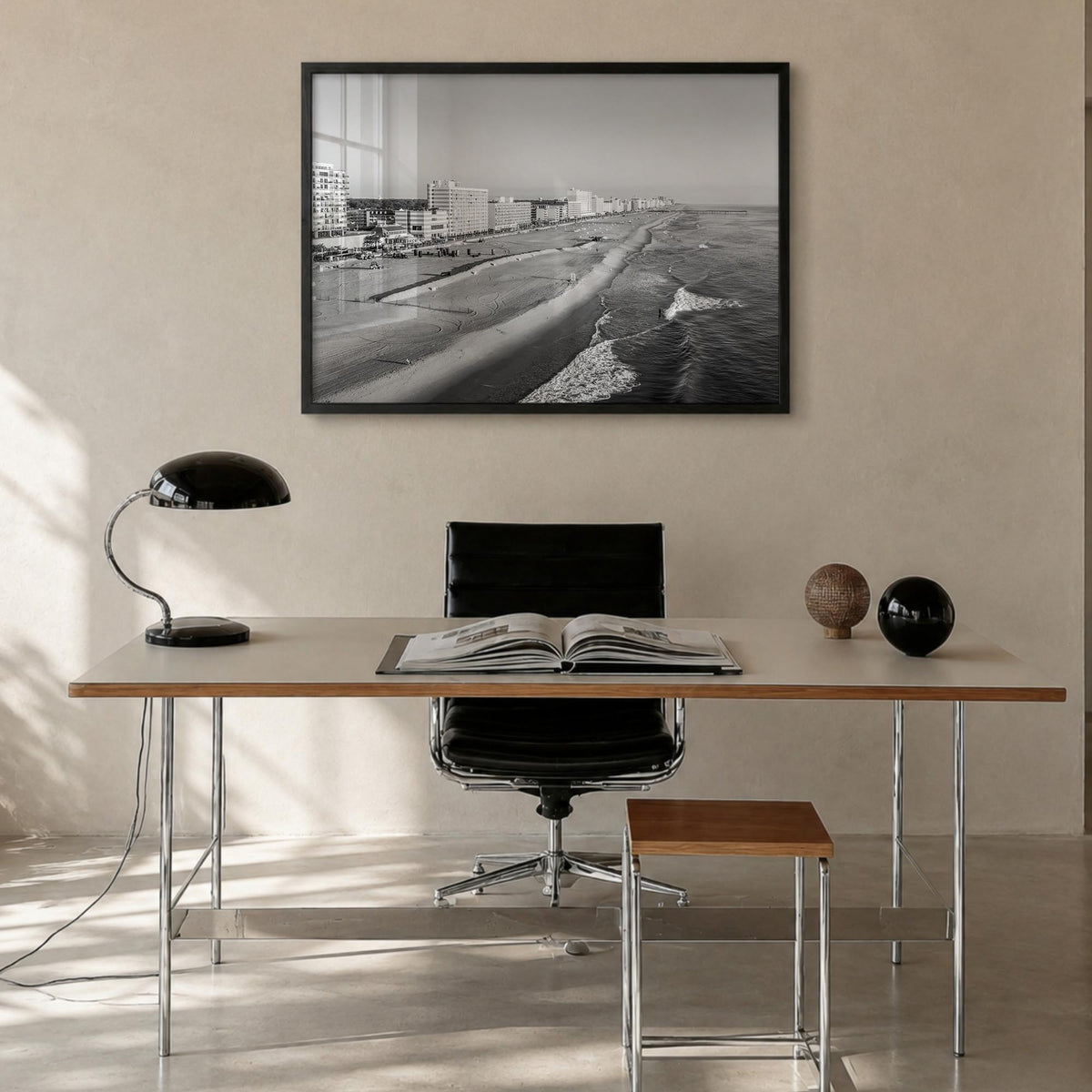 Virginia Beach black & white photo poster of Virginia, USA – horizontal wall art in black wood frame, hanging on wall