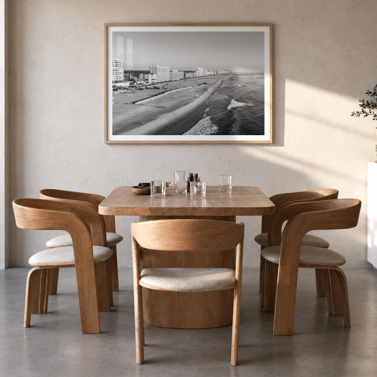 Virginia Beach black & white photo poster of Virginia, USA – horizontal wall art in natural wood frame with white border, han