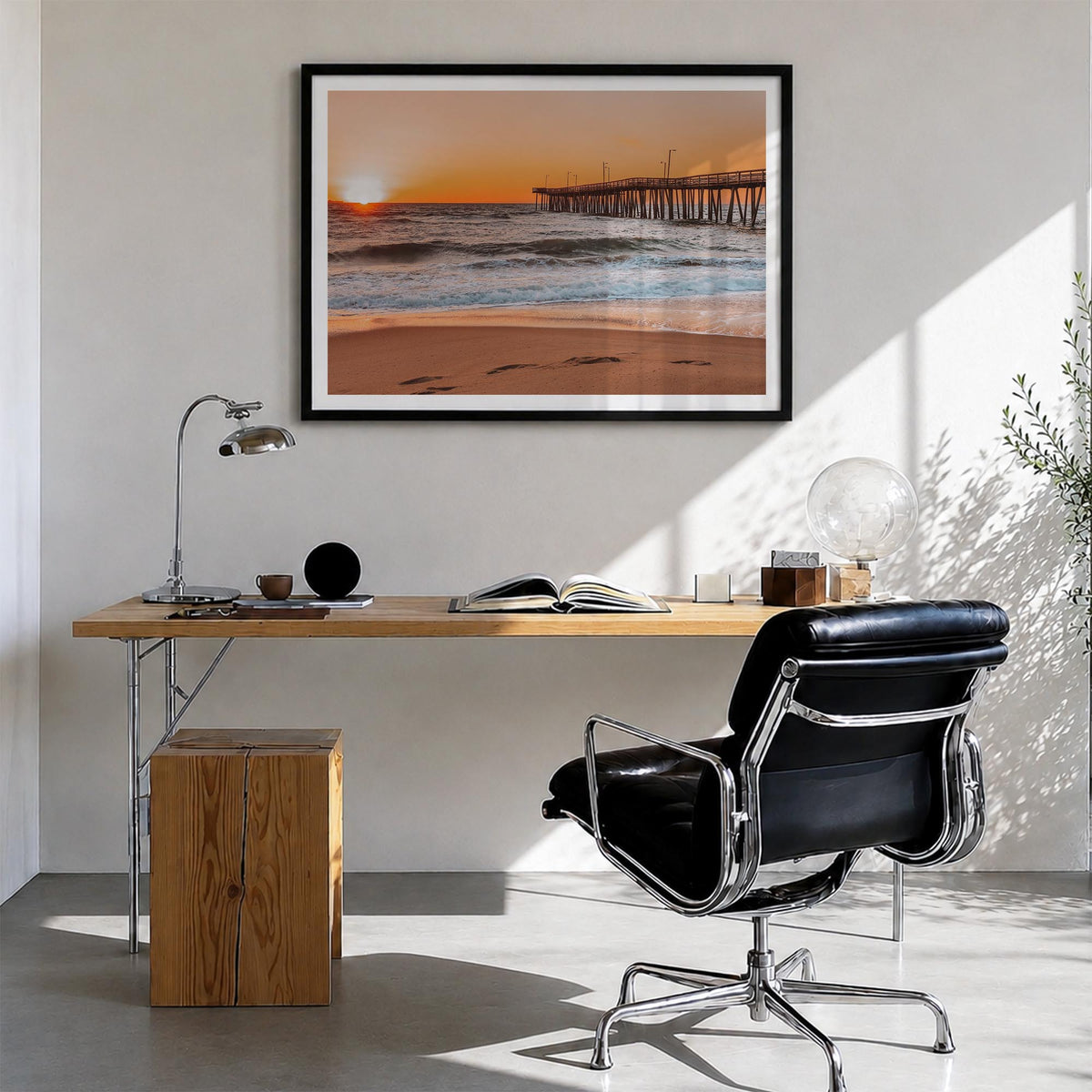Virginia Beach colorful photo poster of Virginia, USA – horizontal wall art in black wood frame with white border, hanging on
