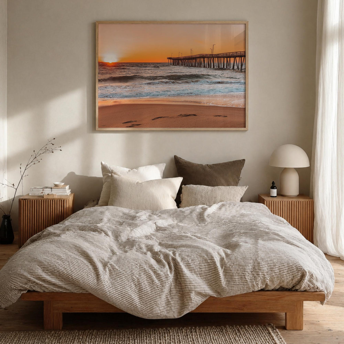 Virginia Beach colorful photo poster of Virginia, USA – horizontal wall art in natural wood frame, hanging on wall