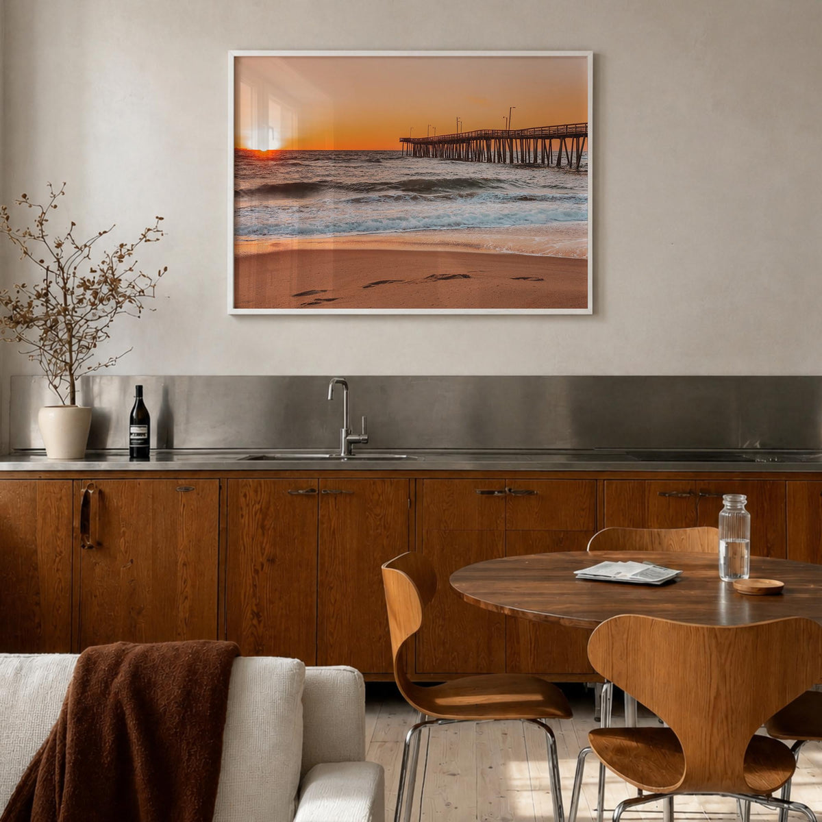 Virginia Beach colorful photo poster of Virginia, USA – horizontal wall art in white wood frame, hanging on wall