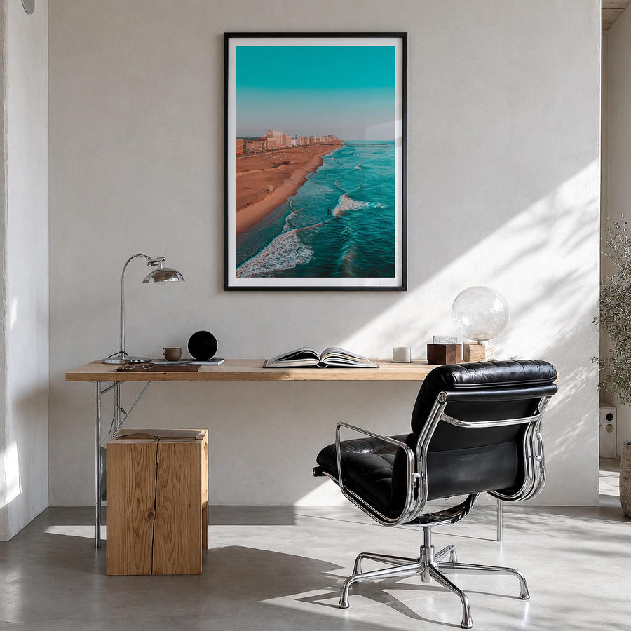 Virginia Beach no. 1 colorful photo poster of Virginia, USA – vertical wall art in black wood frame with white border, hangin