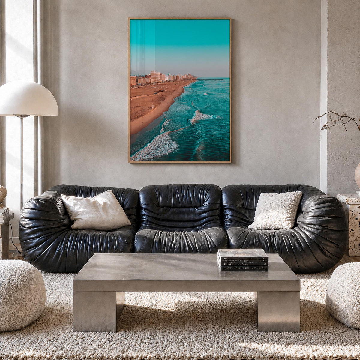 Virginia Beach no. 1 colorful photo poster of Virginia, USA – vertical wall art in natural wood frame, hanging on wall