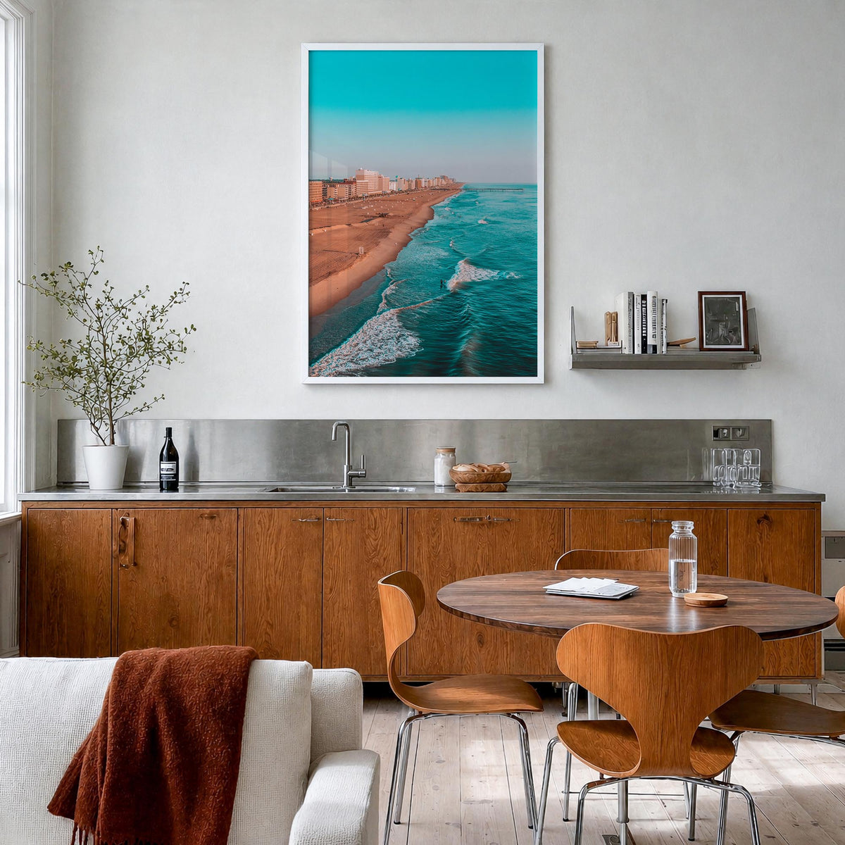 Virginia Beach no. 1 colorful photo poster of Virginia, USA – vertical wall art in white wood frame, hanging on wall