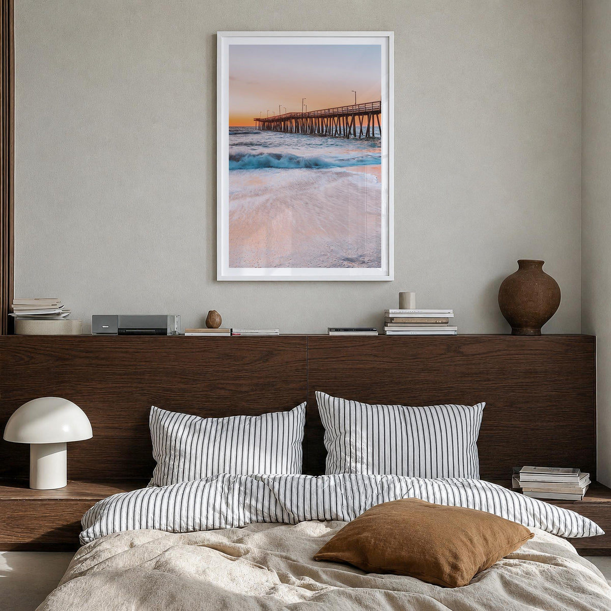 Virginia Beach no. 2 colorful photo poster of Virginia, USA – vertical wall art in white wood frame with white border, hangin