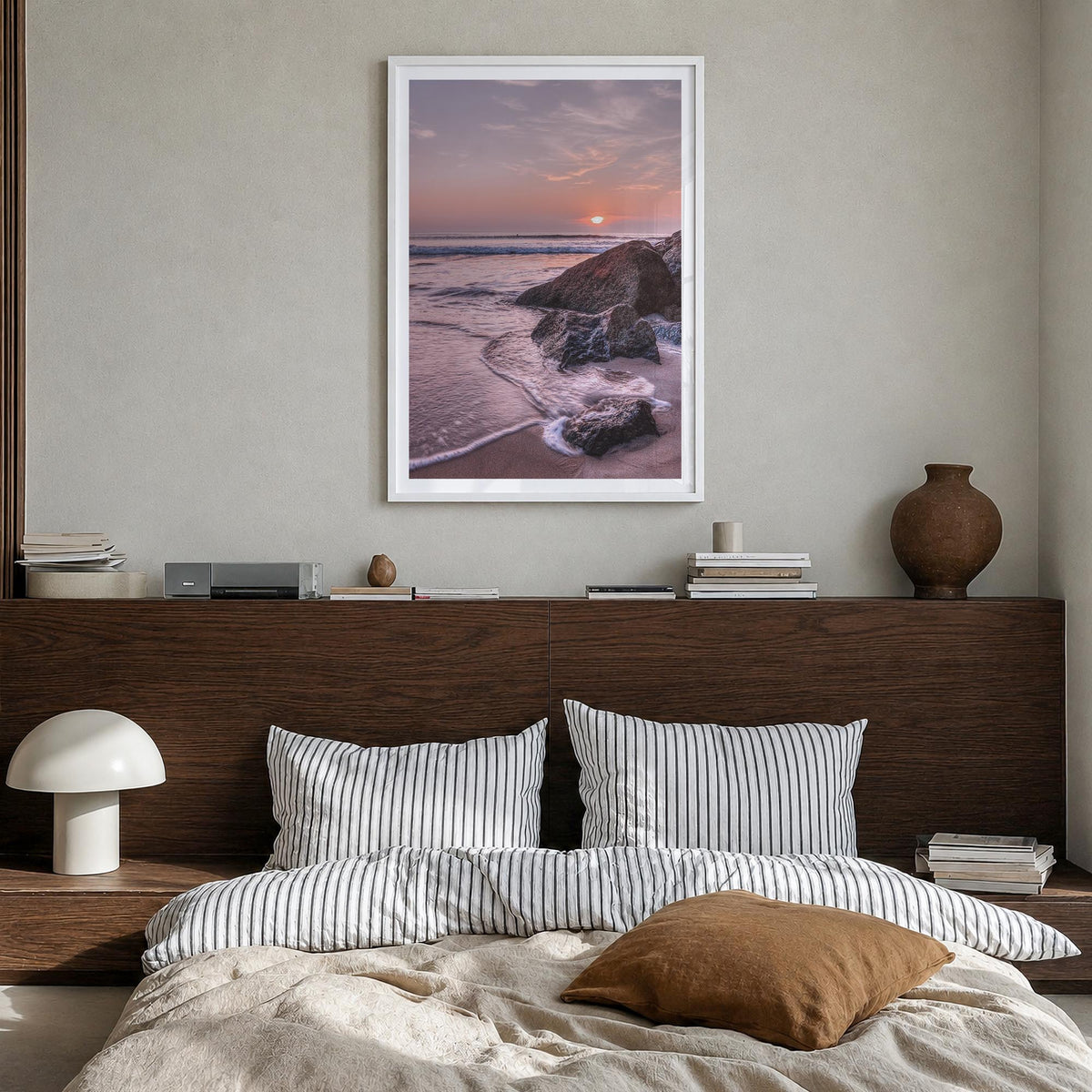 Virginia Beach no. 3 colorful photo poster of Virginia, USA – vertical wall art in white wood frame with white border, hangin