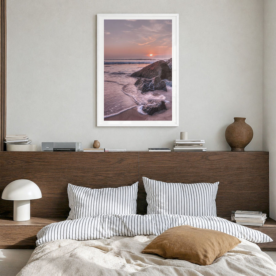 Virginia Beach Photo No 3 Poster in a white wood frame, hanging in a bedroom, white border