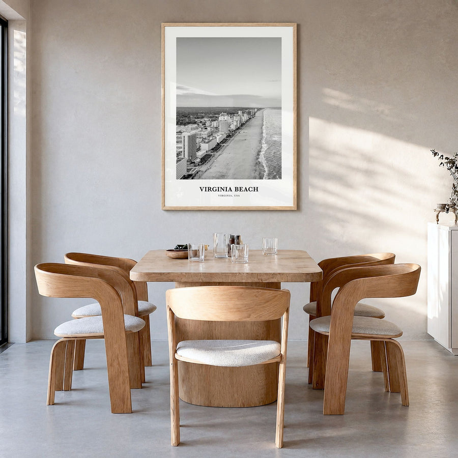 Virginia Beach Classic Poster in a natural wood frame, hanging in a dining room