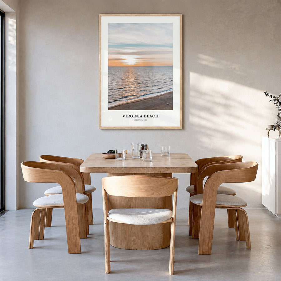 Virginia Beach Classic Poster in a natural wood frame, hanging in a dining room