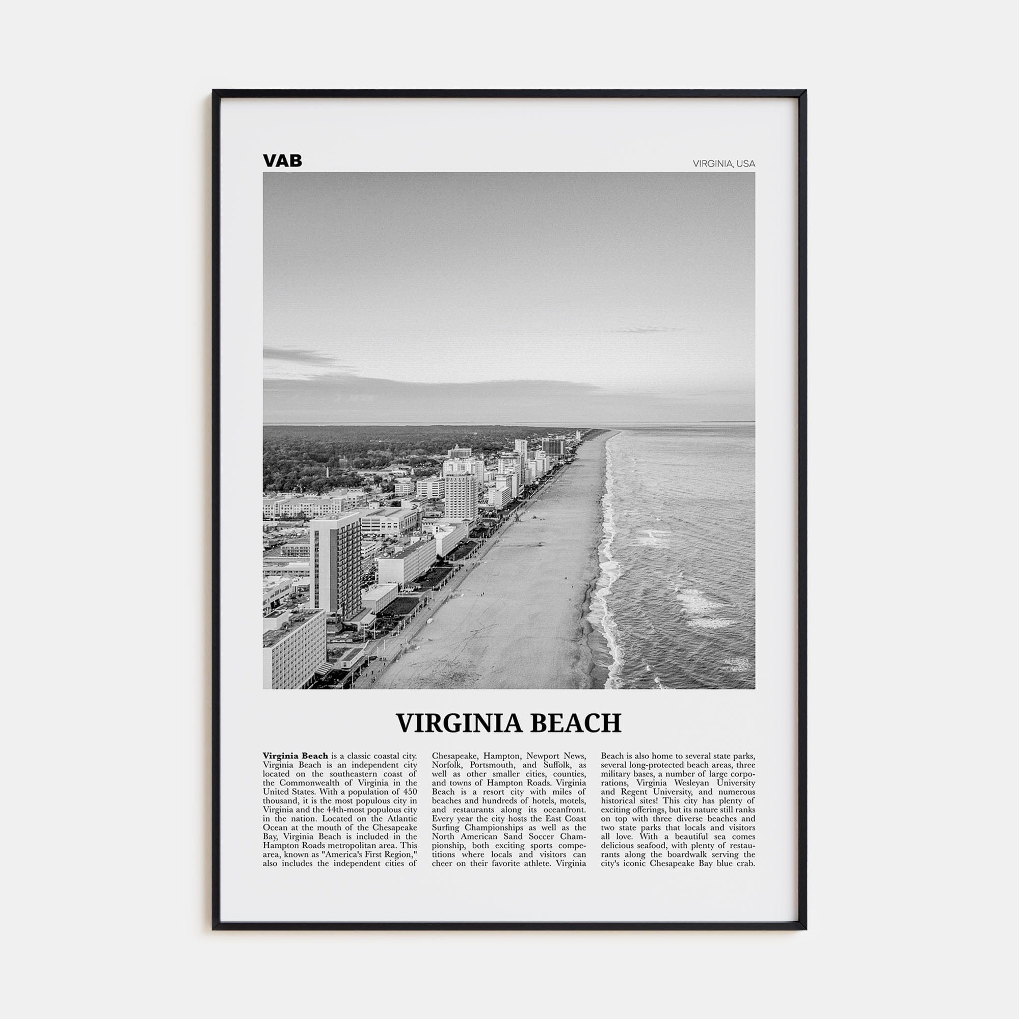 Virginia Beach Poster Black Metal / 8x12 in Nbourhood Travel B&W Poster