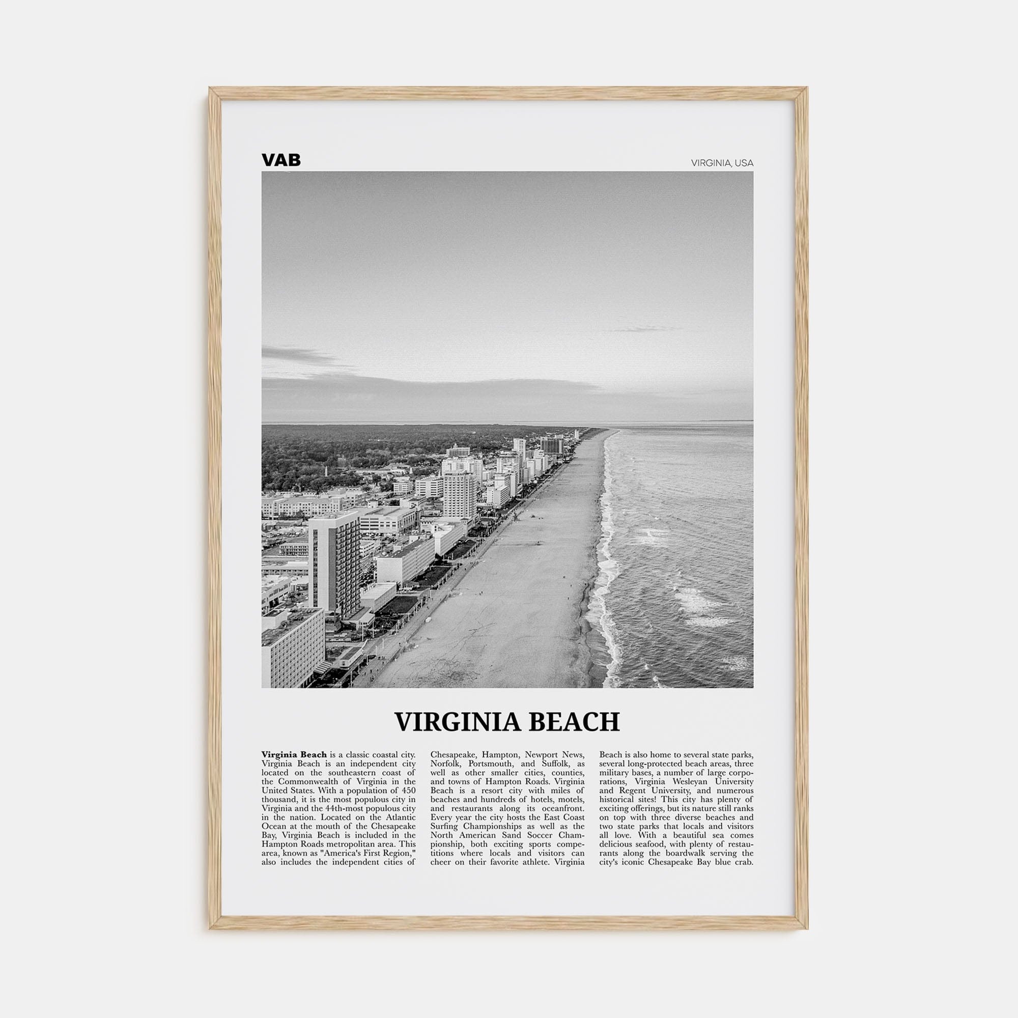 Virginia Beach Poster Natural Wood / 8x12 in Nbourhood Travel B&W Poster