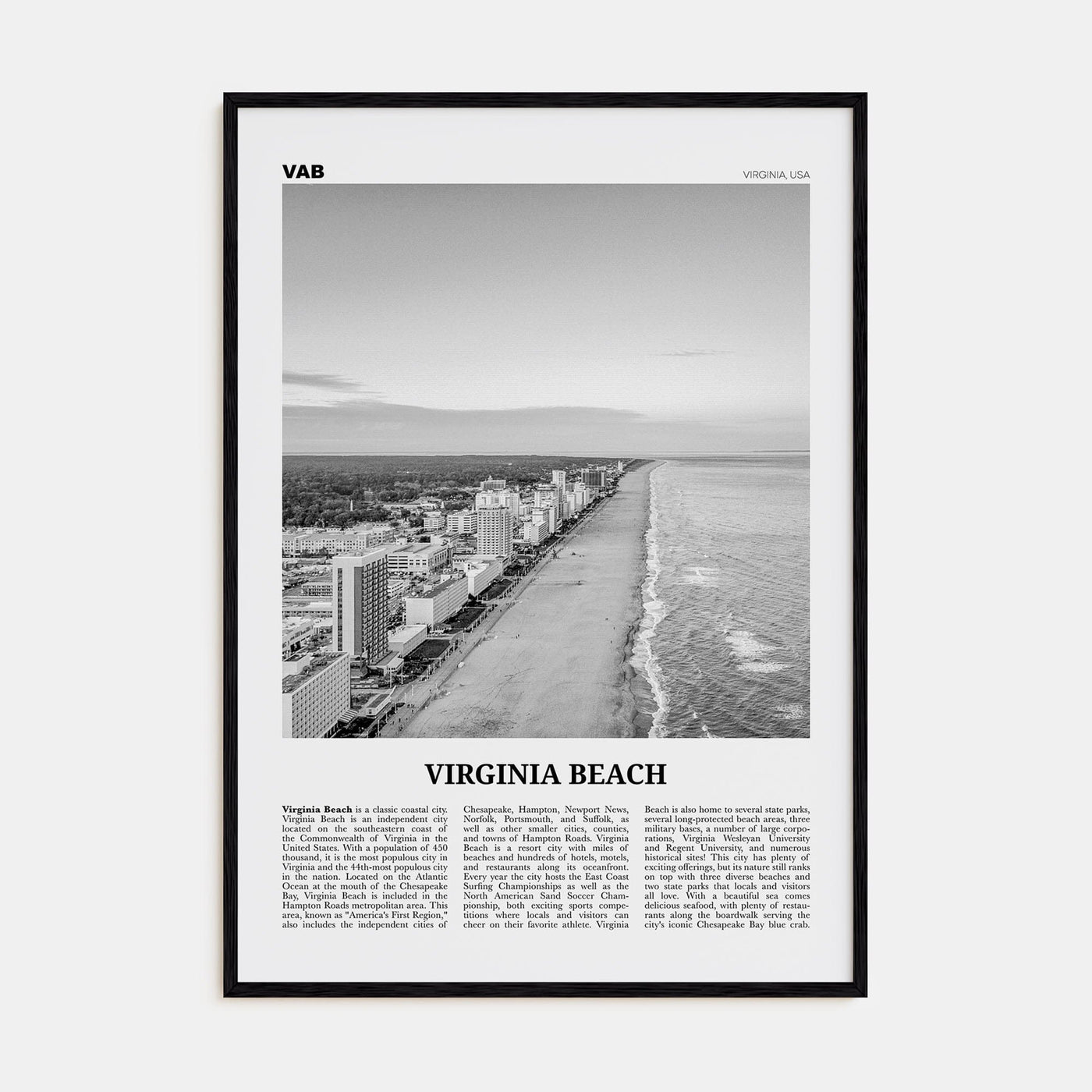 Virginia Beach Poster Black Wood / 8x12 in Nbourhood Travel B&W Poster