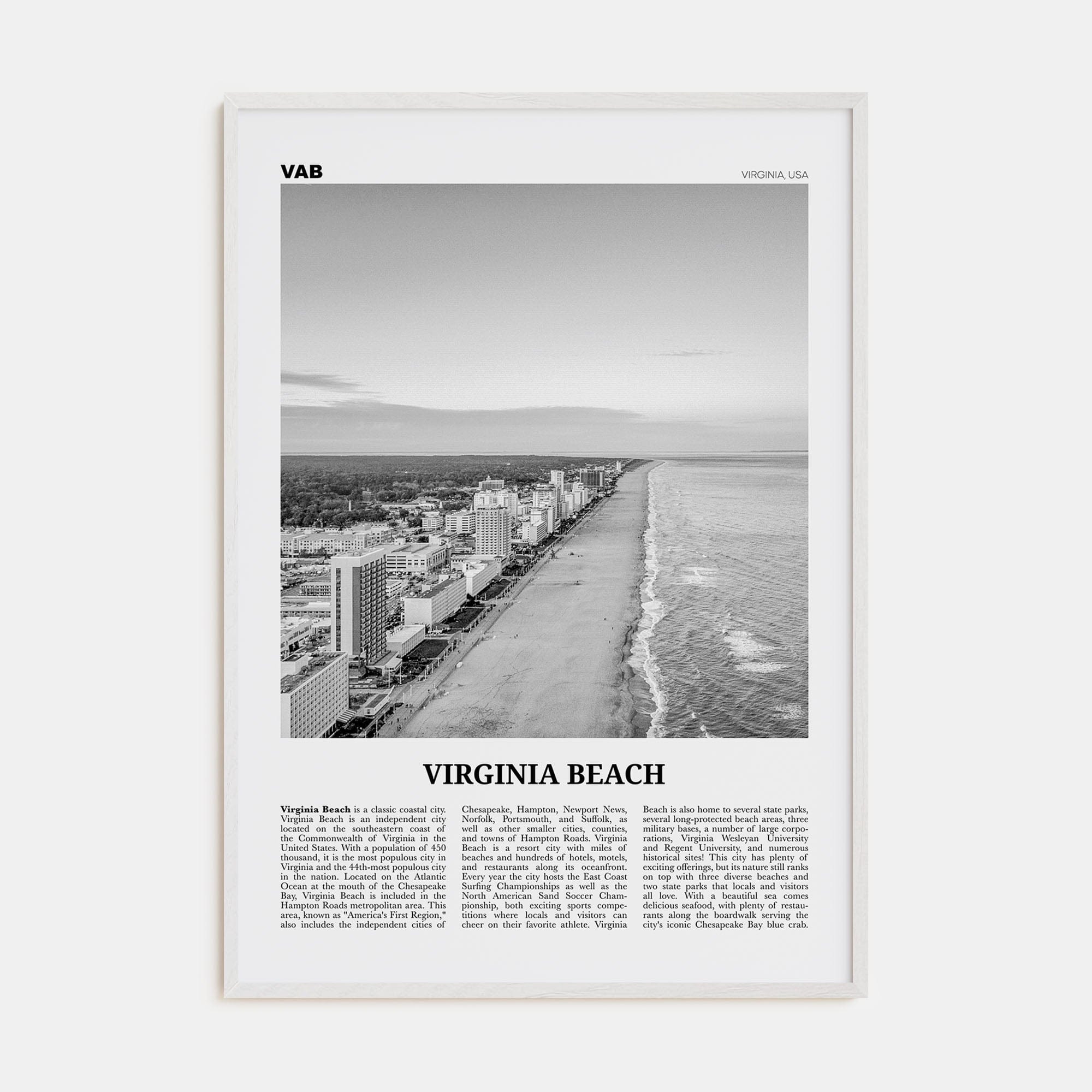 Virginia Beach Poster White Wood / 8x12 in Nbourhood Travel B&W Poster