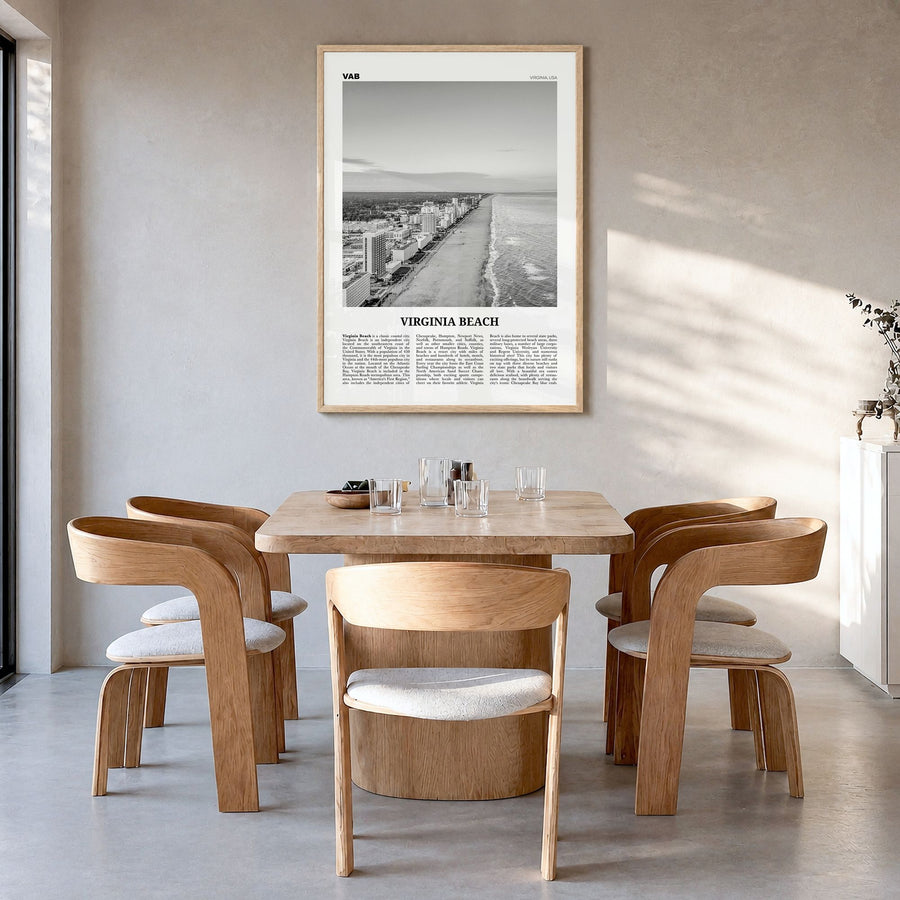 Virginia Beach Newspaper Poster in a natural wood frame, hanging in a dining room