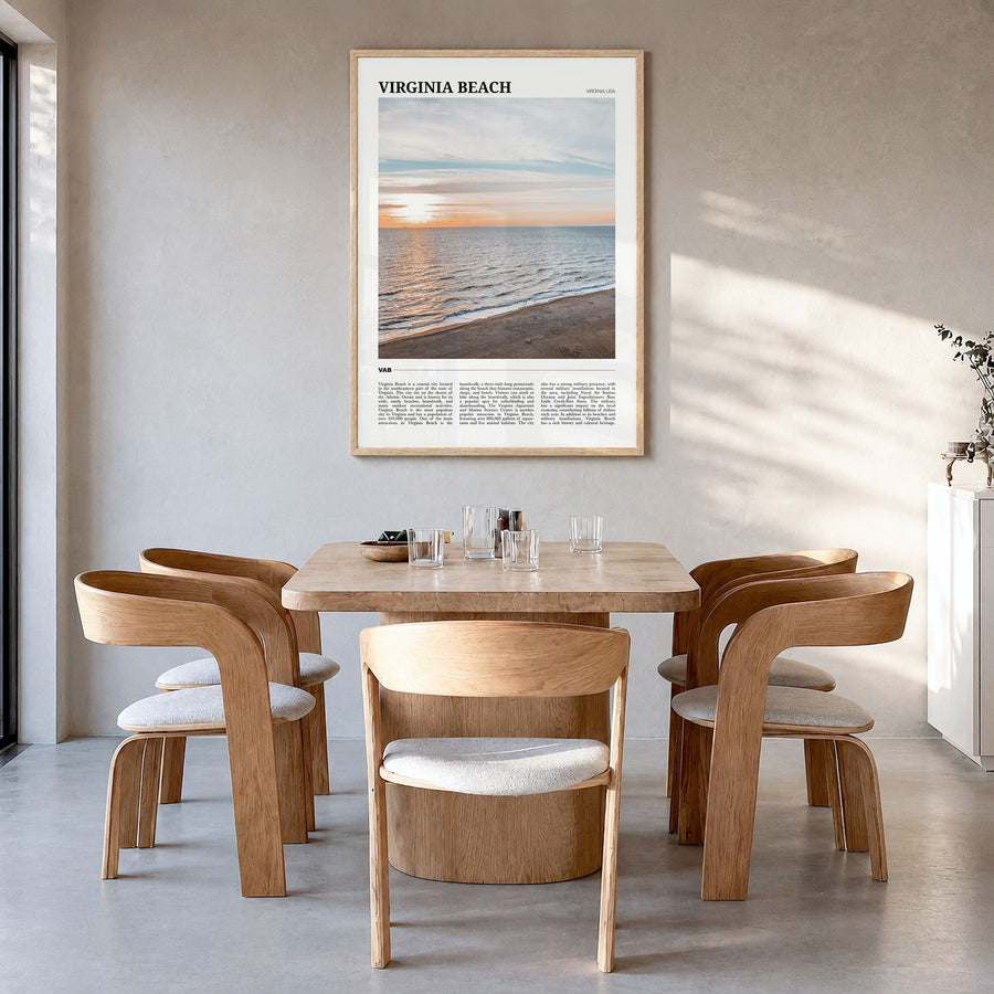 Virginia Beach Travel Poster in a natural wood frame, hanging in a dining room