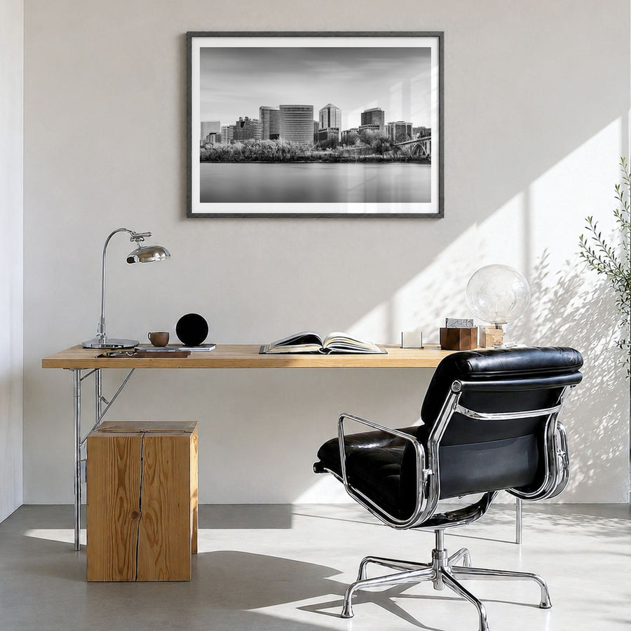 Virginia Photo Poster in a black wood frame, hanging in a bright home office, white border