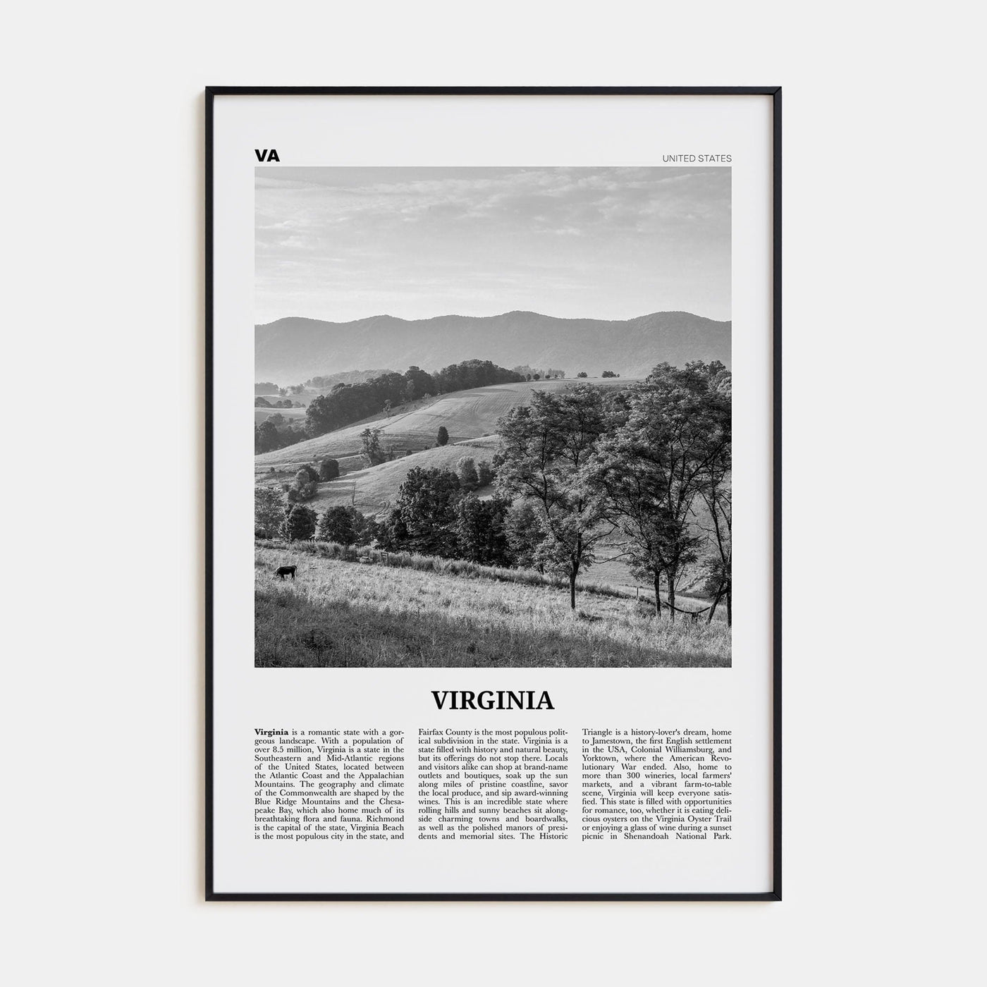 Virginia No 1 Poster Black Metal / 8x12 in Nbourhood Travel B&W Poster