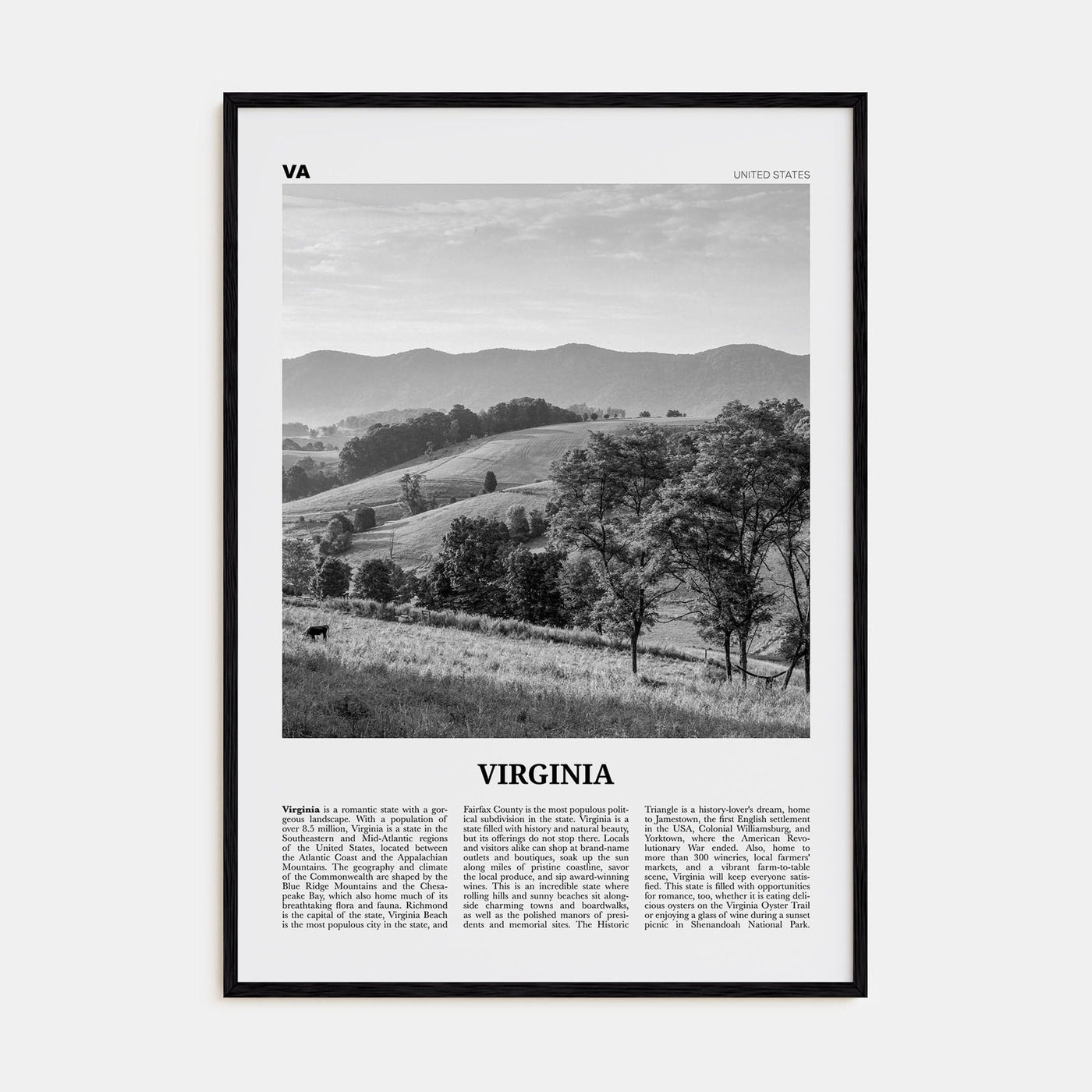 Virginia No 1 Poster Black Wood / 8x12 in Nbourhood Travel B&W Poster