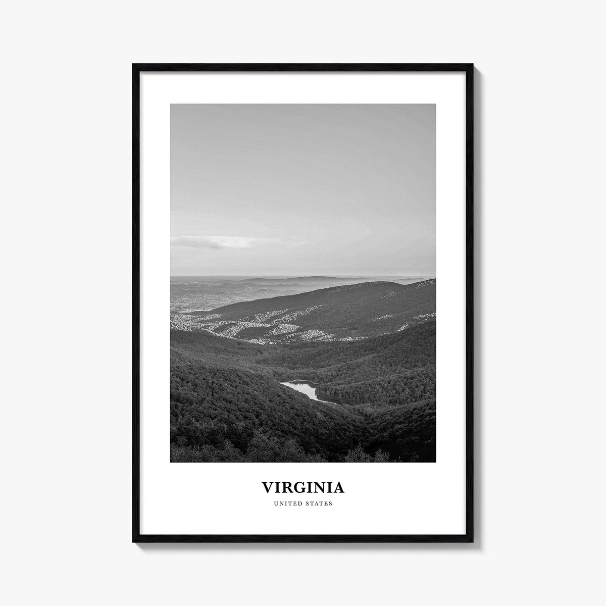 Virginia no. 2 black & white classic poster of United States – vertical wall art, unframed print shown in interior mockup
