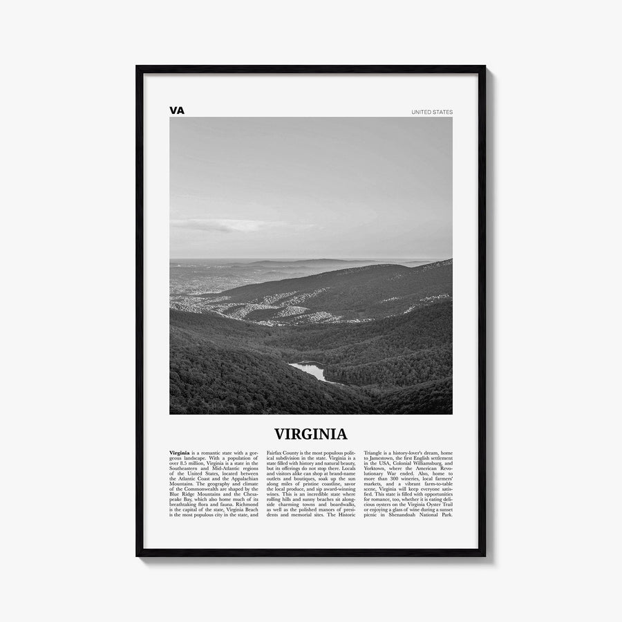 Virginia no. 2 black & white newspaper poster of United States – vertical wall art, unframed print shown in interior mockup