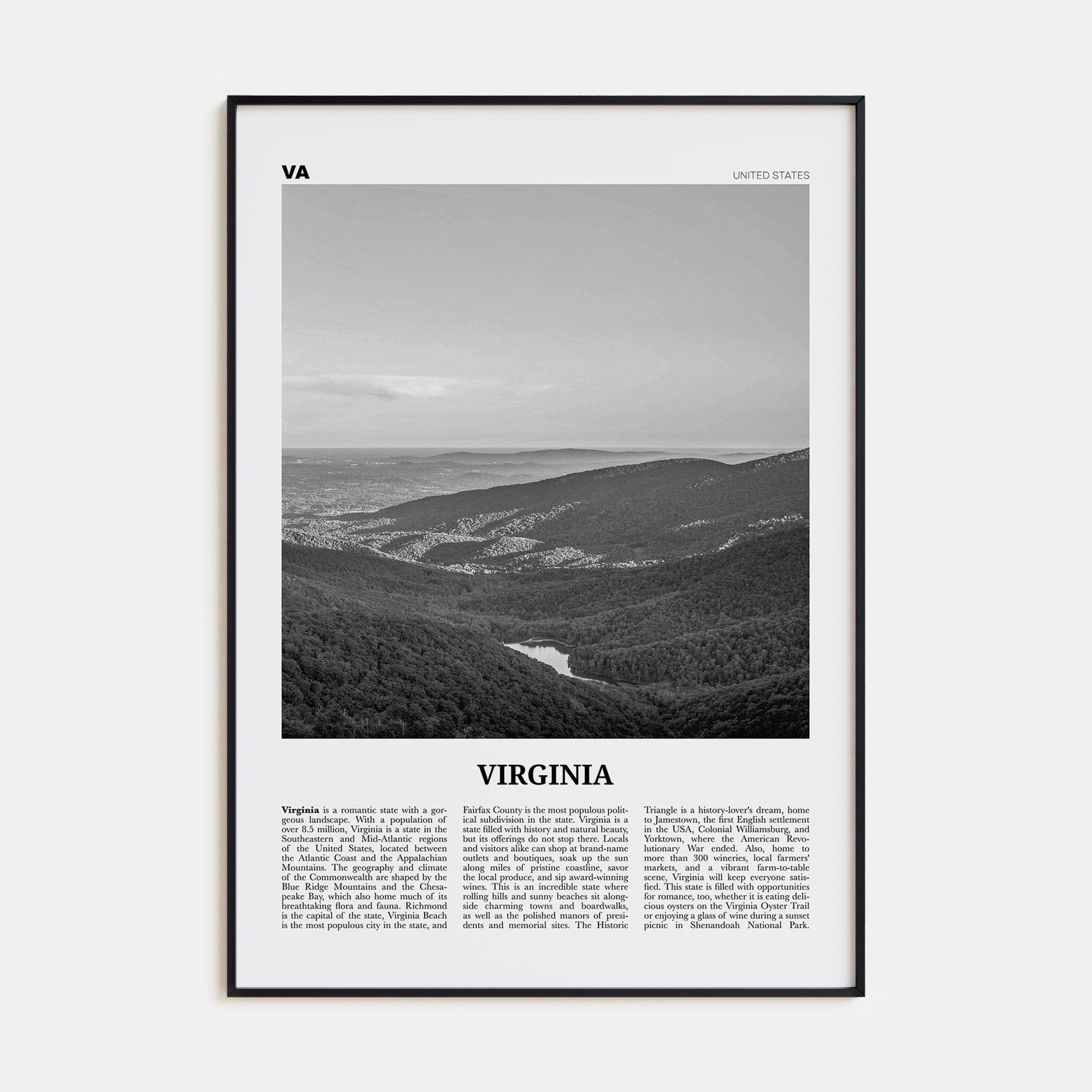 Virginia No 2 Poster Black Metal / 8x12 in Nbourhood Travel B&W Poster