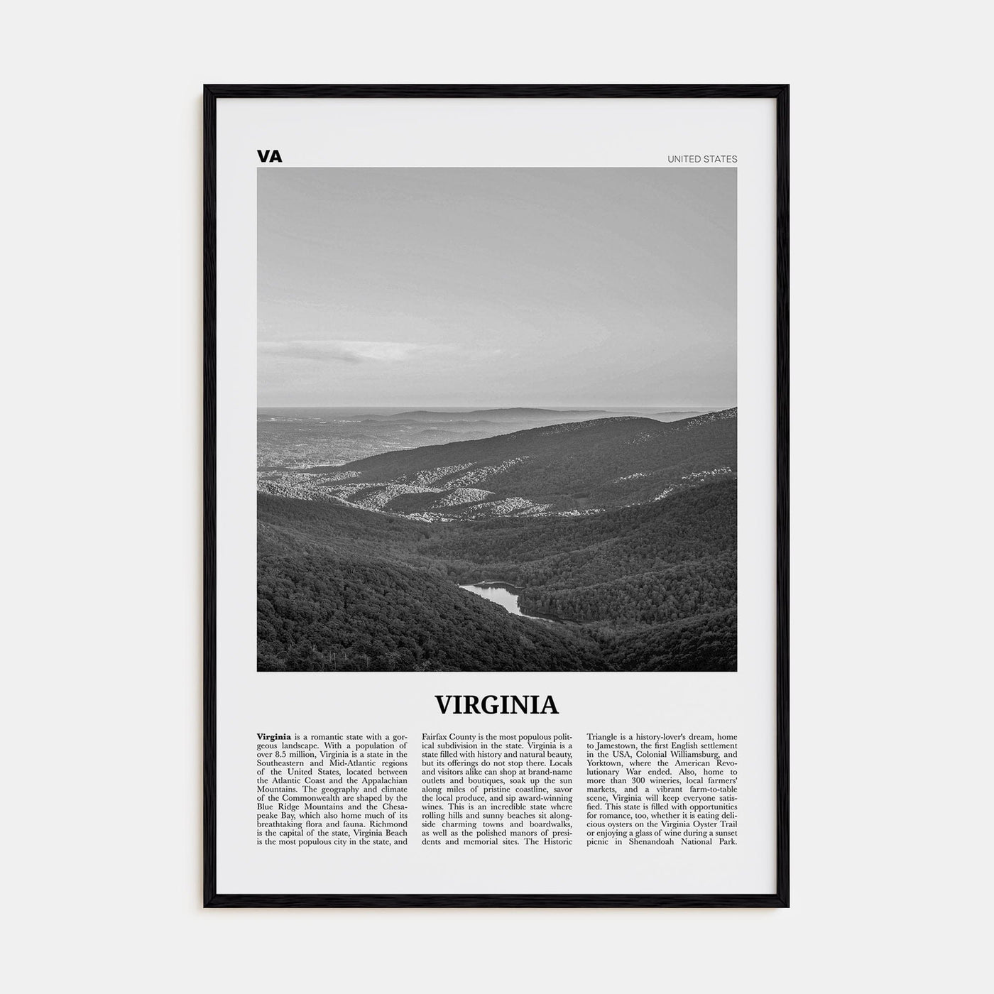 Virginia No 2 Poster Black Wood / 8x12 in Nbourhood Travel B&W Poster