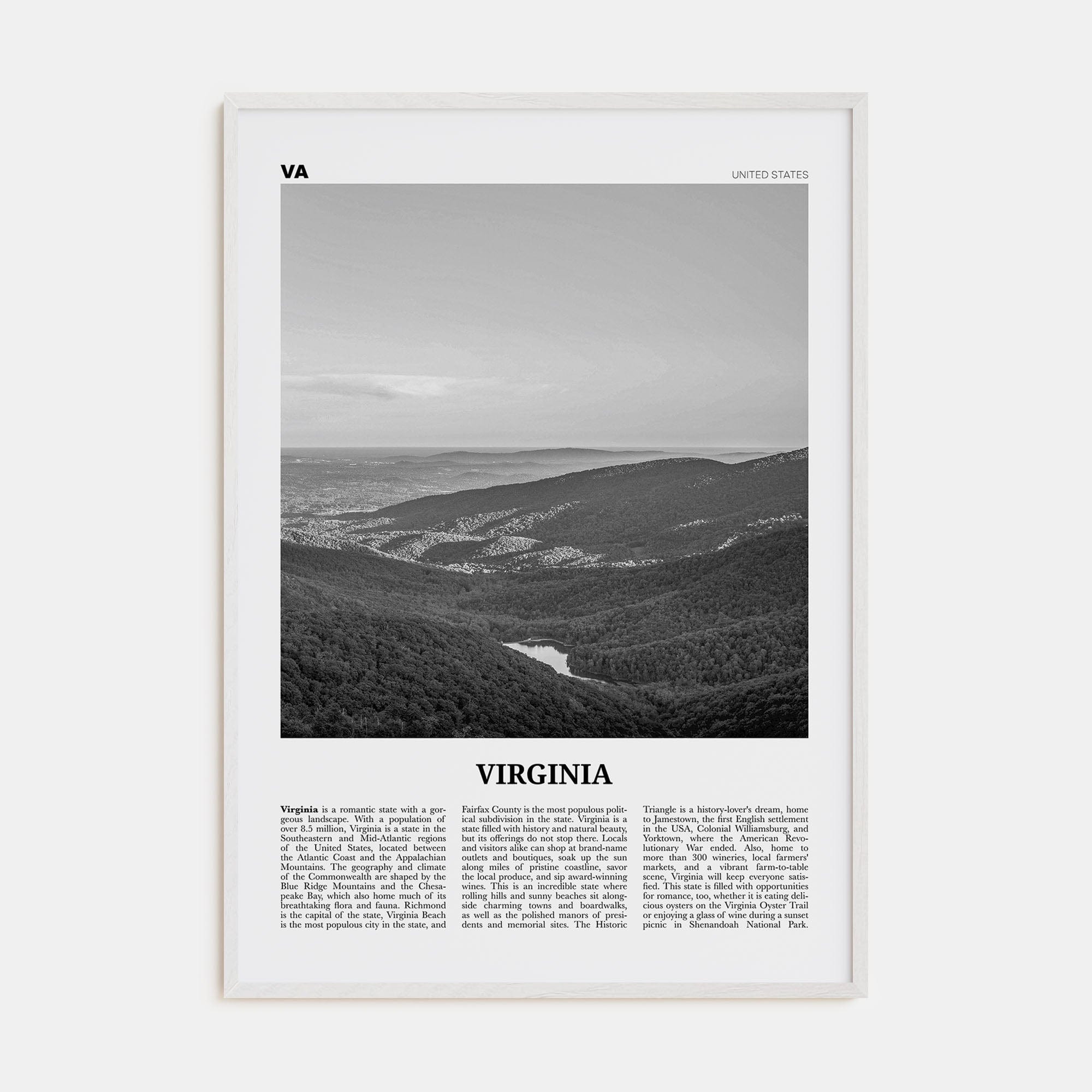 Virginia No 2 Poster White Wood / 8x12 in Nbourhood Travel B&W Poster