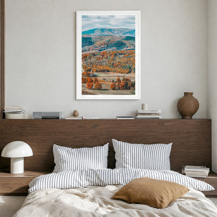 Virginia Photo No 1 Poster in a white wood frame, hanging in a bedroom, white border