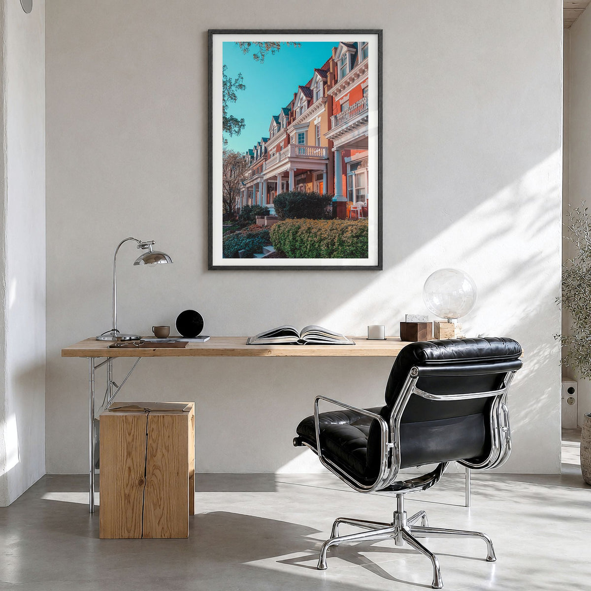 Virginia Photo No 2 Poster in a black wood frame, hanging in a bright home office, white border