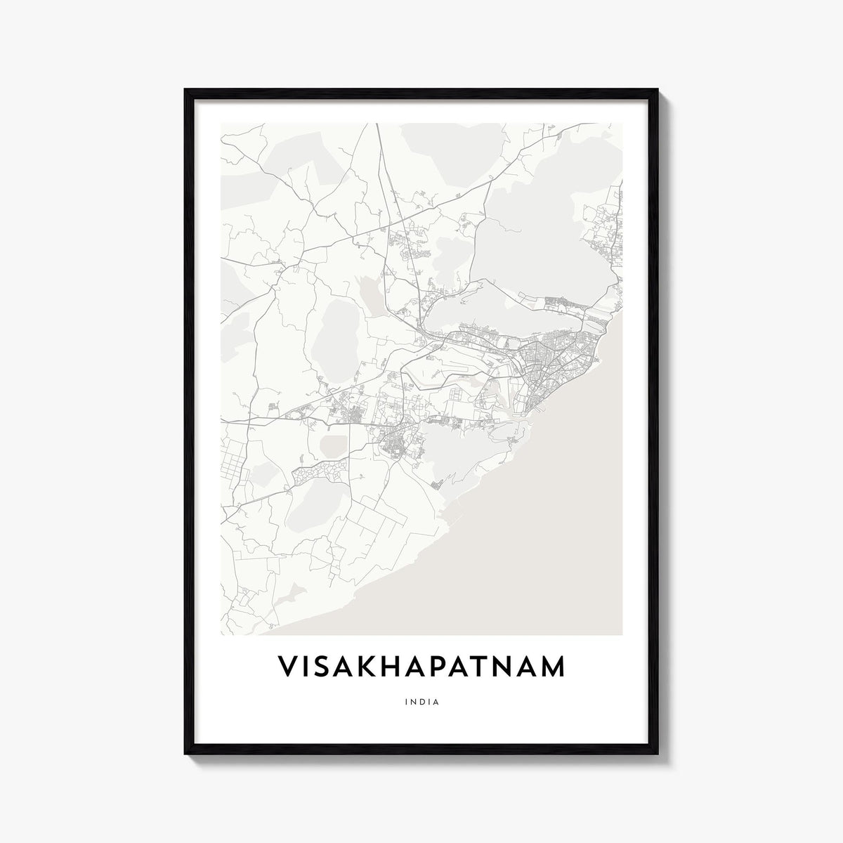Visakhapatnam black & white map poster of India – vertical wall art, unframed print shown in interior mockup