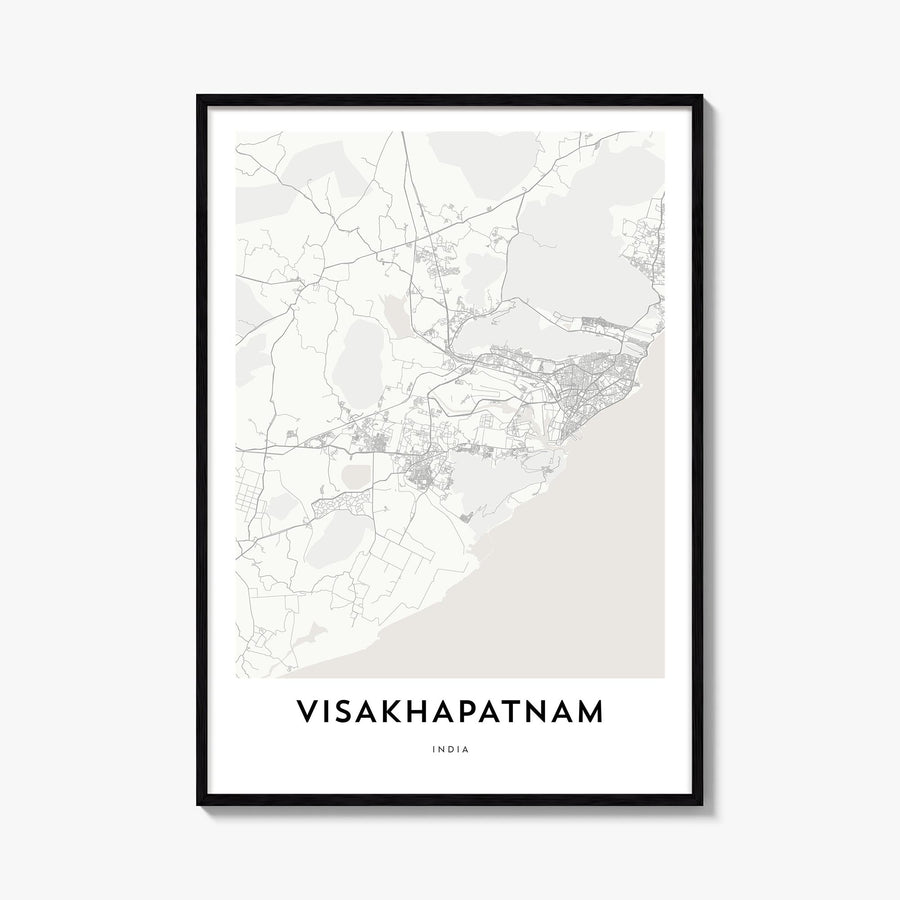 Visakhapatnam black & white map poster of India – vertical wall art, unframed print shown in interior mockup
