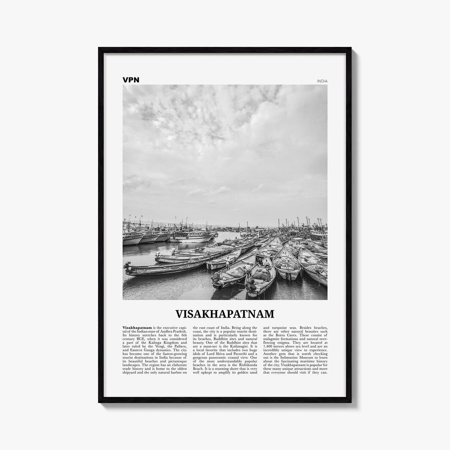 Visakhapatnam black & white newspaper poster of India – vertical wall art, unframed print shown in interior mockup