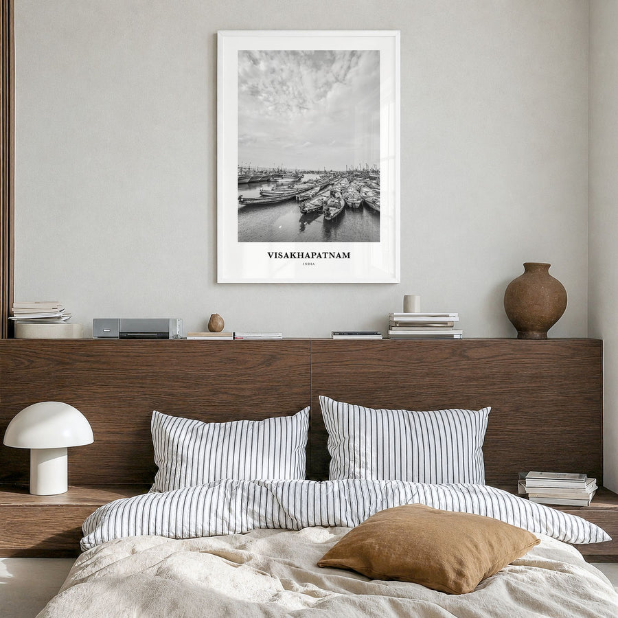 Visakhapatnam Classic Poster in a white wood frame, hanging in a bedroom